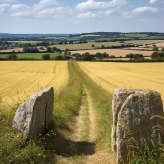 Mégalithes balisant un chemin dans la campagne anglaise. Photo : BenLovegrove.com.